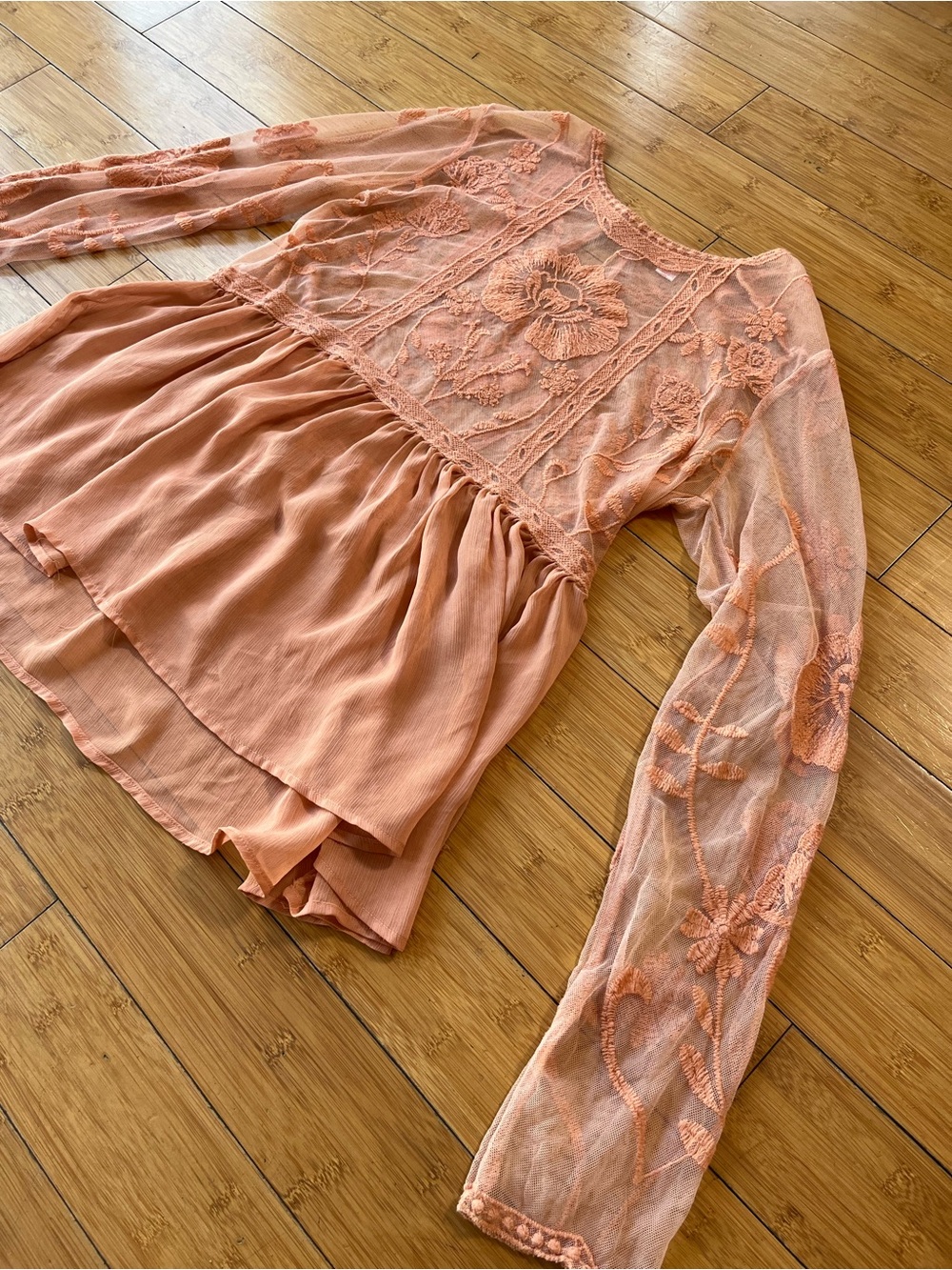 Xhilaration Peach Embroidered Sheer Peplum Blouse Boho Romantic